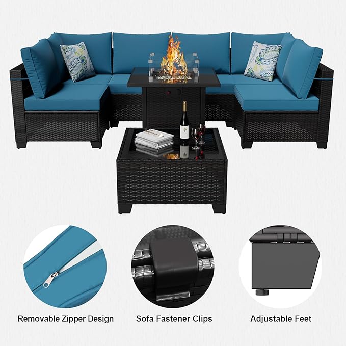 8-Piece Patio Furniture Set with 50,000 BTU Fire Pit Table - Wicker Outdoor Sectional Sofa with Thick Waterproof Cushions, Complete Conversation Set for Backyard Garden(Brown & Peacock Blue)