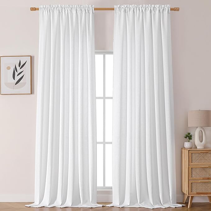Chyhomenyc White Curtains 120 Inch Length 2 Panels Set, Faux Linen Textured Light Filtering Soft Airy Farmhouse Curtain Drapes Ceiling to Floor for Large Window, 50Wx120L
