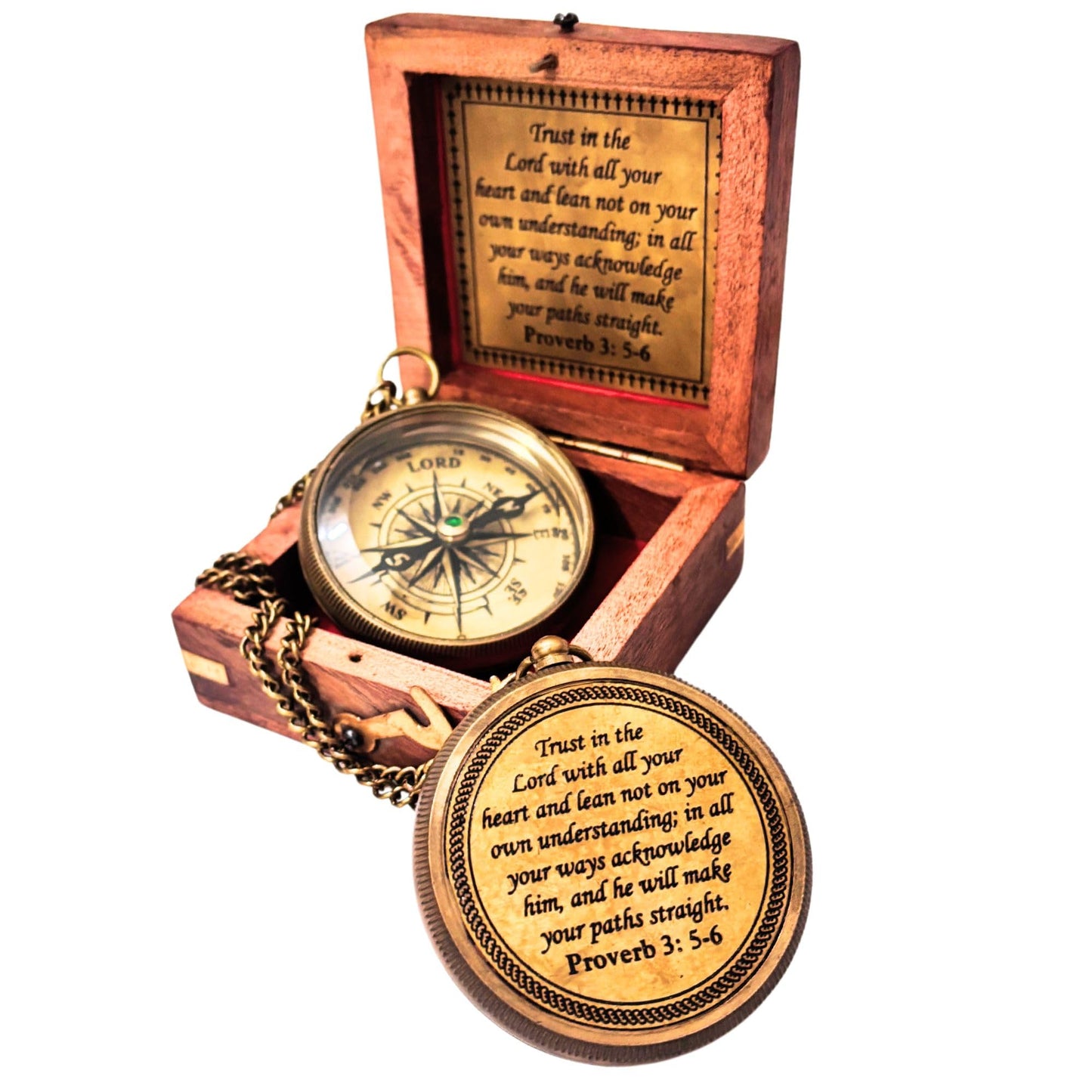 Trust in The Lord - Proverbs 3: 5-6 Engraved Compass, Wood Box Greeting, Inspirational Gift Men, Christian Boys Baptism Gifts, Graduation Day (#1 Lord's Compass)