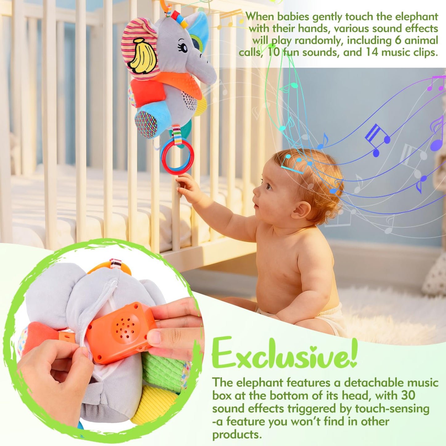 CaftyMids Baby Toys 0-6-12 Months: Elephant with Detachable Touch-Sensitive Sound Box (30 Sounds), Removable Bib, Teether, Rattle, BB Squeaker, Mirror | Attaches to Strollers, Car Seats, Carriers