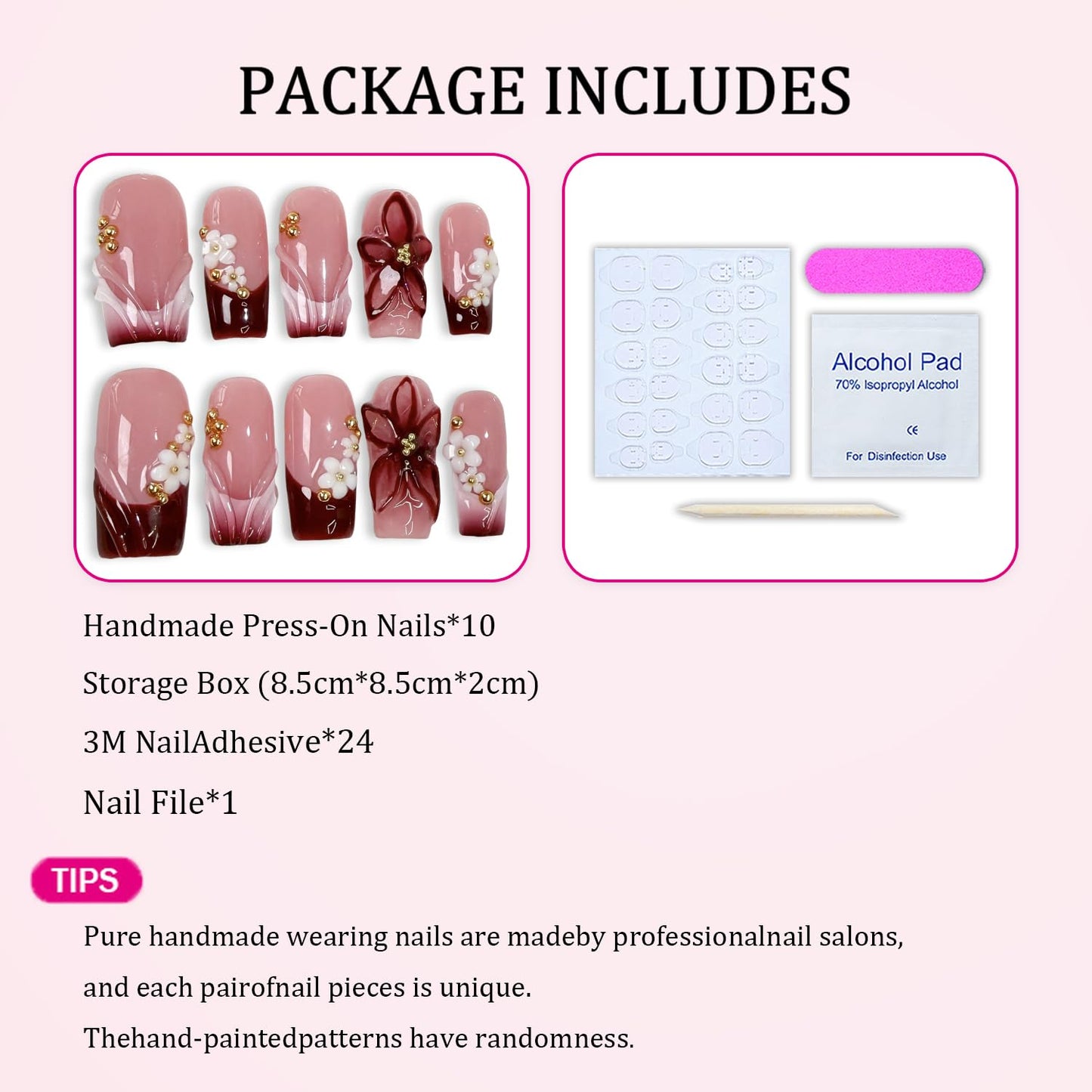 10 Pcs Handmade Press on Nails Gradient French Tip Acrylic Nails Medium Square Fake Nails with 3D Flower Design Full Cover Artificial Stick on False Nail for Women (M)