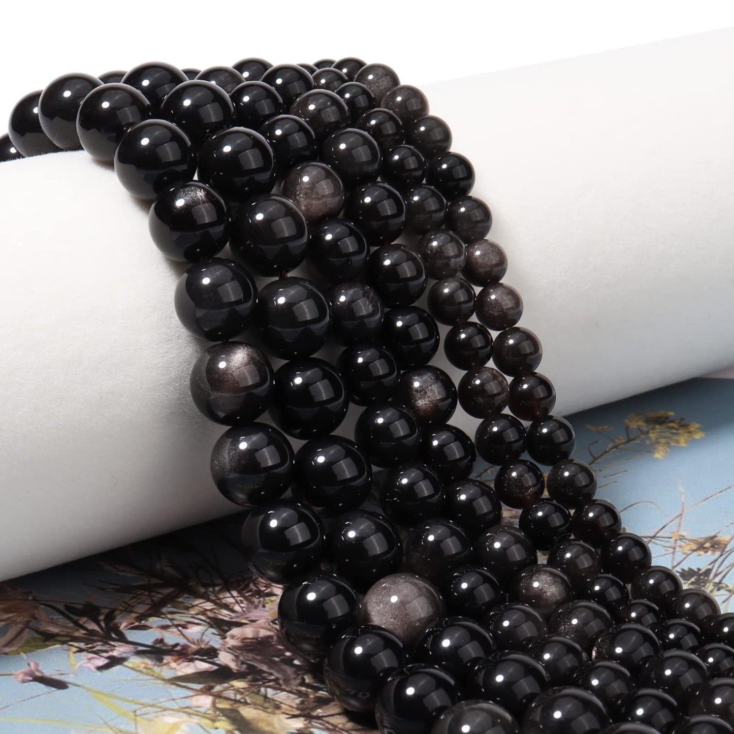 45pcs 8mm Natural Silver Obsidian Gemstone Beads Energy Healing Crystal Round Loose Stone Beads for Jewelry Making, DIY Bracelets Necklaces