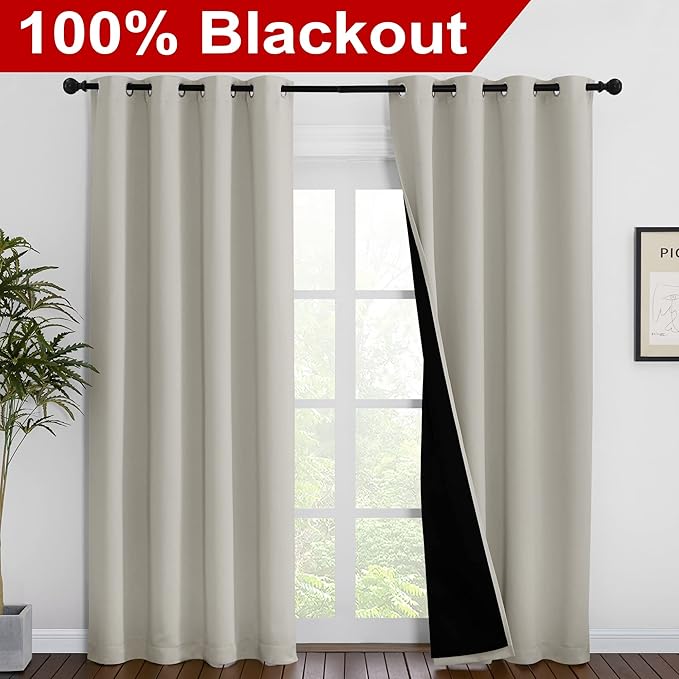 NICETOWN 100% Blackout Window Curtain Panels, Cold and Full Light Blocking Drapes with Black Liner for Nursery, 86 inches Drop Thermal Insulated Draperies (Natural, 2 Pieces, 55" Wide Each Panel)