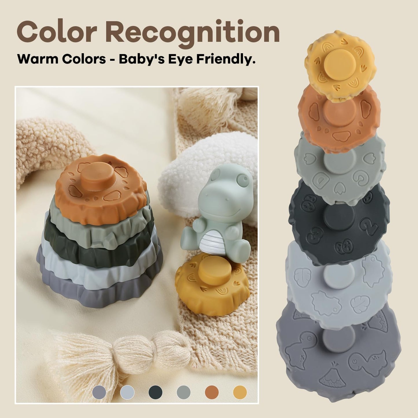 Yrkidstoi Stacking & Nesting Baby Teething Toy, 7 Pcs Soft Building Rings Stacker Toys with Dinosaur Figure, Newborn Essentials Sensory Learning Toys for 6+ Months Infant Toddler Boys Girls