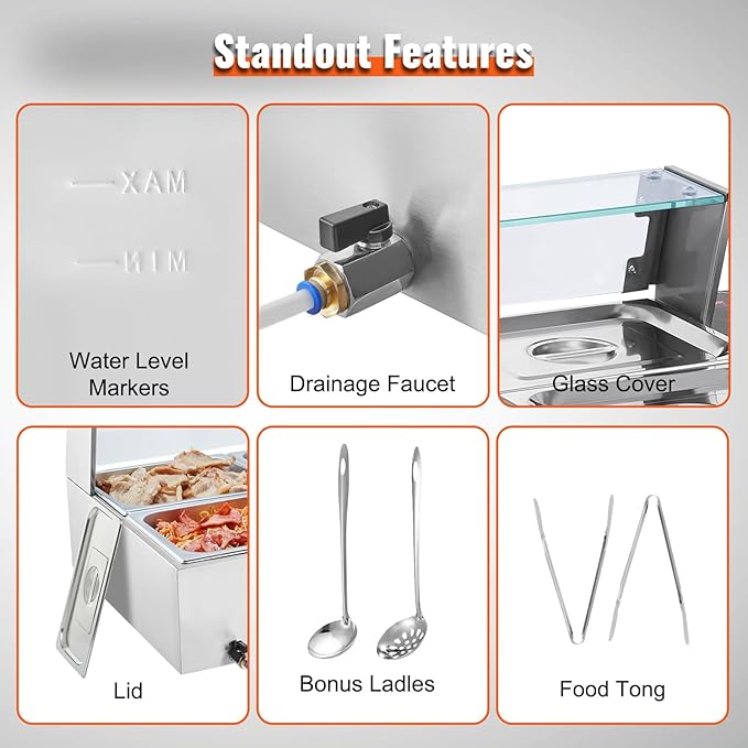 VEVOR 6-Pan Commercial Food Warmer, 6 x 8QT Electric Steam Table with Glass Cover, 1500W Countertop Stainless Steel Buffet Bain Marie 86-185°F Temp Control for Catering, Restaurants, Silver