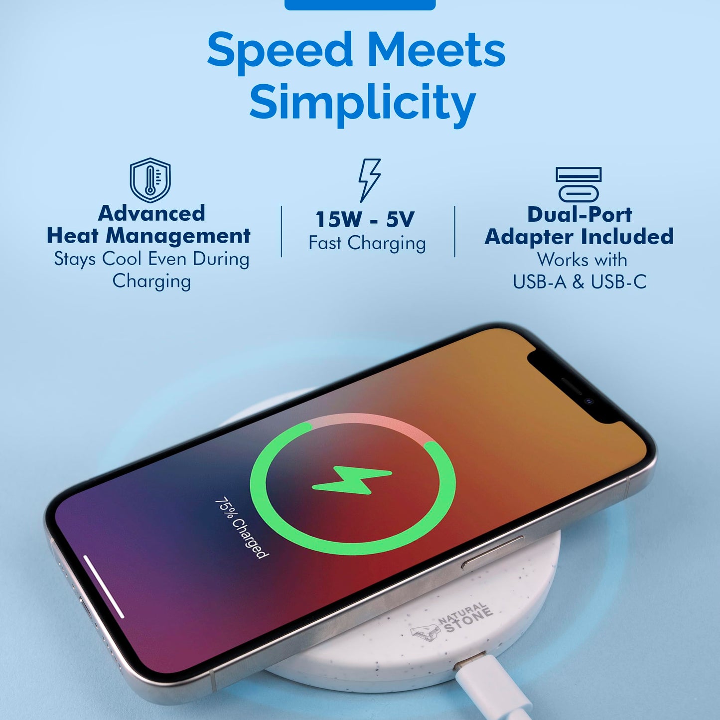 15W Fast Wireless Charger – Stone Wireless Charging Pad w/ 20W USB-C Adapter, LED Indicator, Overheat & Short Circuit Protection