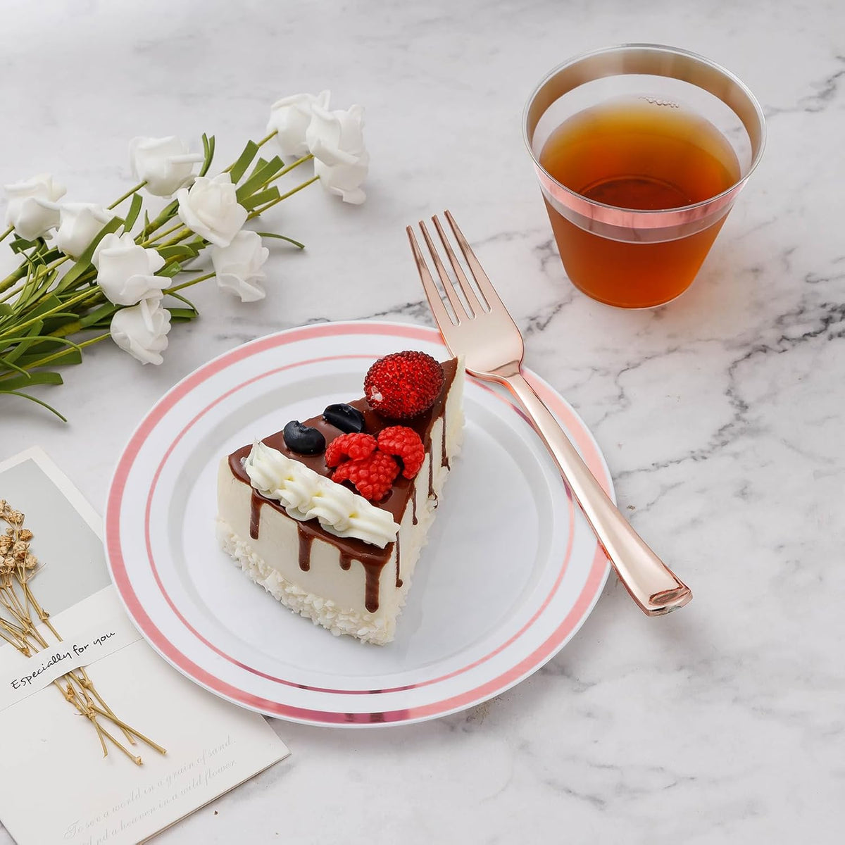 BESTVIP 600PCS Plastic Dinnerware Set (100 Guests), Rose Gold Disposable Plates for Party, Wedding, Christmas, Anniversary, Includes: Dinner Plates, Dessert Plates, Cups, Spoons, Forks and Knives