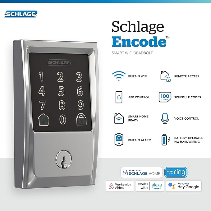 Schlage Encode Smart WiFi Deadbolt with Century Trim In Bright Chrome
