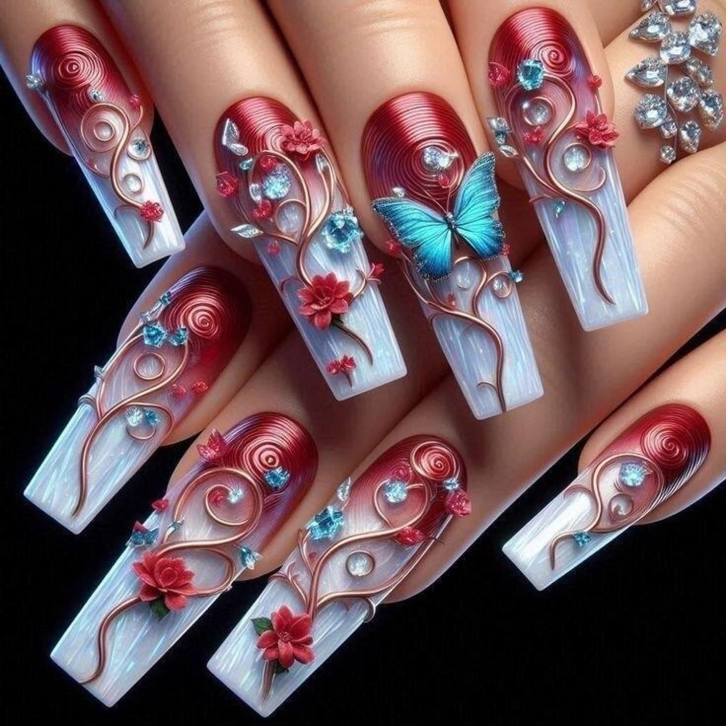 Chunmeng Blue Butterfly Gradient Press on Nails, Long Butterfly Wing False Nails with 3D Glossy Design - Full Cover Artificial Nails for Women