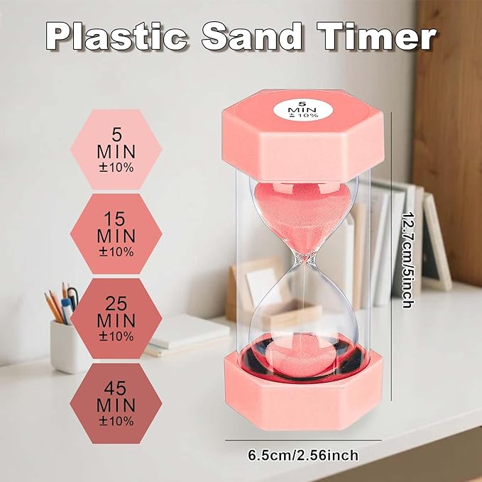 5 Minute Hourglass Sand Timer, Plastic Hexagon Hourglass Sand Clock 5 Min, Reloj De Arena 5 Minutos,Unbreakable Sandglass for Classroom Games Kitchen (Pink)