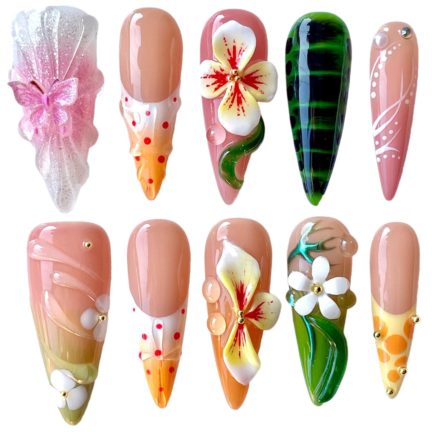 3D Floral Press On Nails – Handmade Stiletto Fake Nails with Butterfly, Gradient Ombre & Nail Art Design – Spring Summer Thick Acrylic Nail Set Tendril (S)
