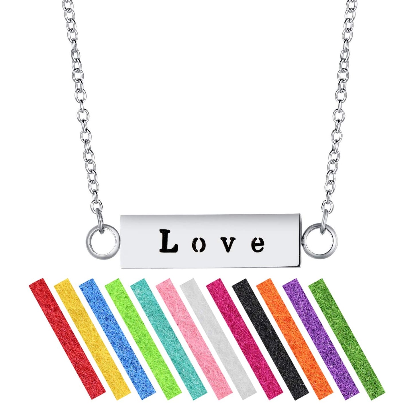 Wild Essentials "Love" Essential Oil Diffuser Bar Necklace Gift Set - Includes Aromatherapy Pendant, 24" Stainless Steel Chain, 12 Color Refill Pads