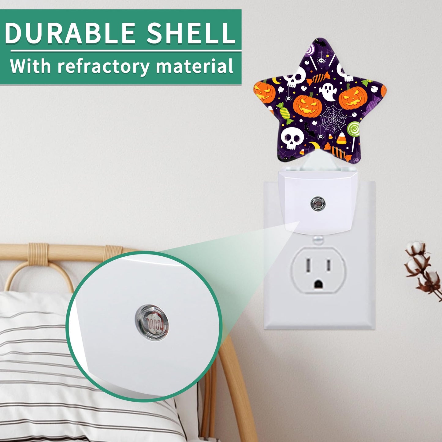 Halloween Skull Star Night Light Plug in, Decorative Night Light for Kids Room Nursery Bedroom, Soft Glow Sensor Lamp for Hallway Bathroom, Compact Energy Saving