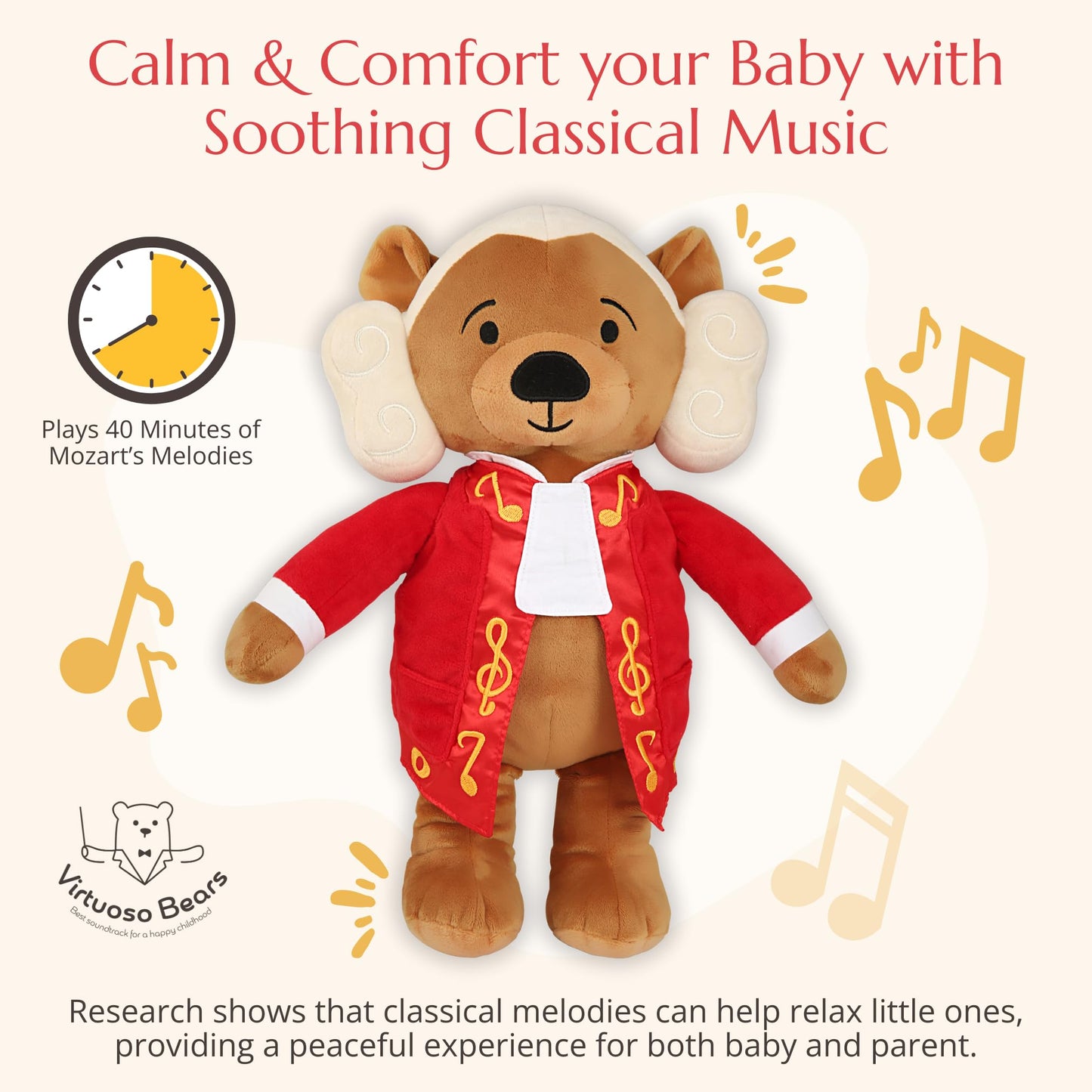 Vosego Amadeus Mozart Plush Bear – Plays 40 Mins of Classical Music, Educational & Soothing Interactive Teddy Bear for Babies & Toddlers, Perfect