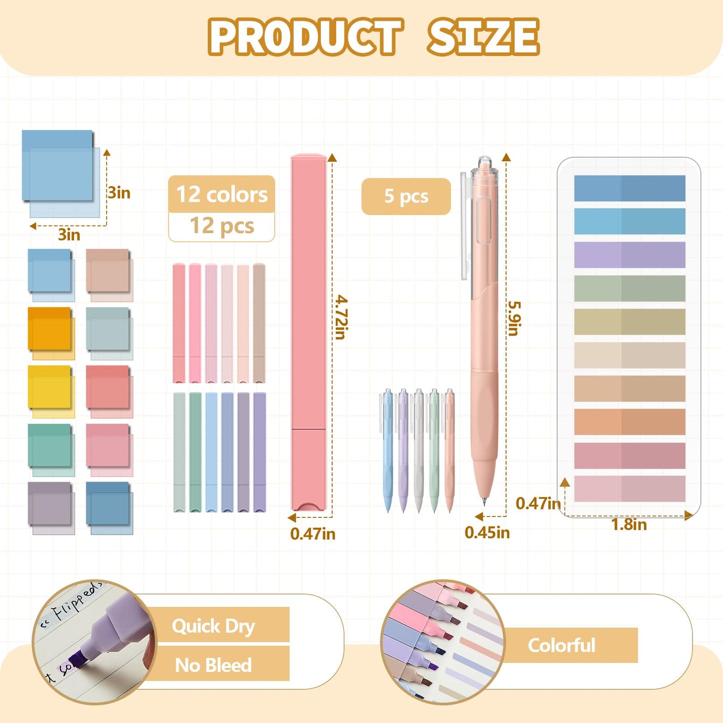 Jutom 39 Pcs Aesthetic Book Annotation Kit Highlighter with Pencil Case Bag Gel Pen Transparent Sticky Note Taking Bible Study College School Supplies(Cream,Cute Style)