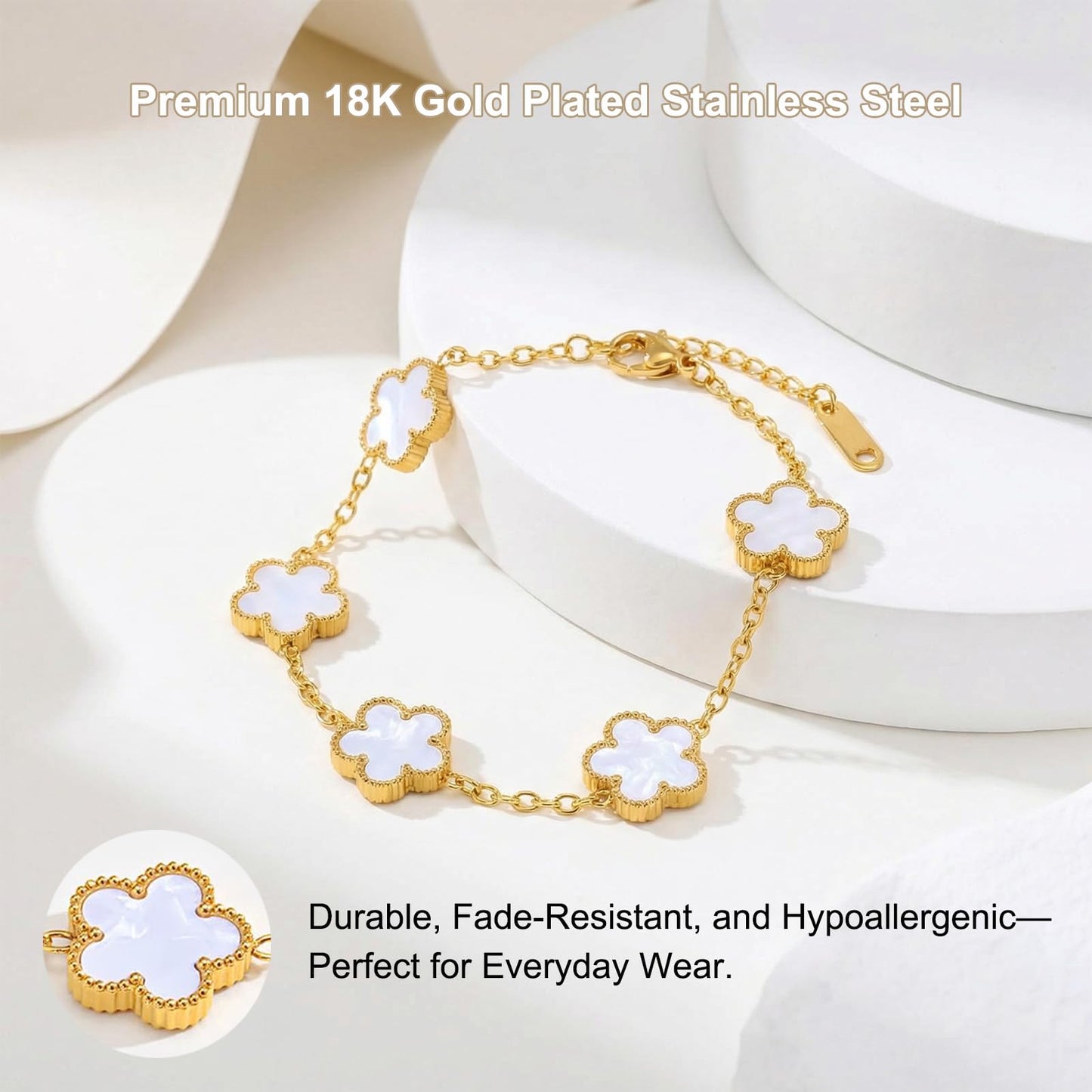 Eclatienne Four Leaf Clover Bracelet for Women – 18K Gold Plated Stainless Steel Lucky Bracelet, Adjustable 4 Leaf Charm Jewelry Gift (White)