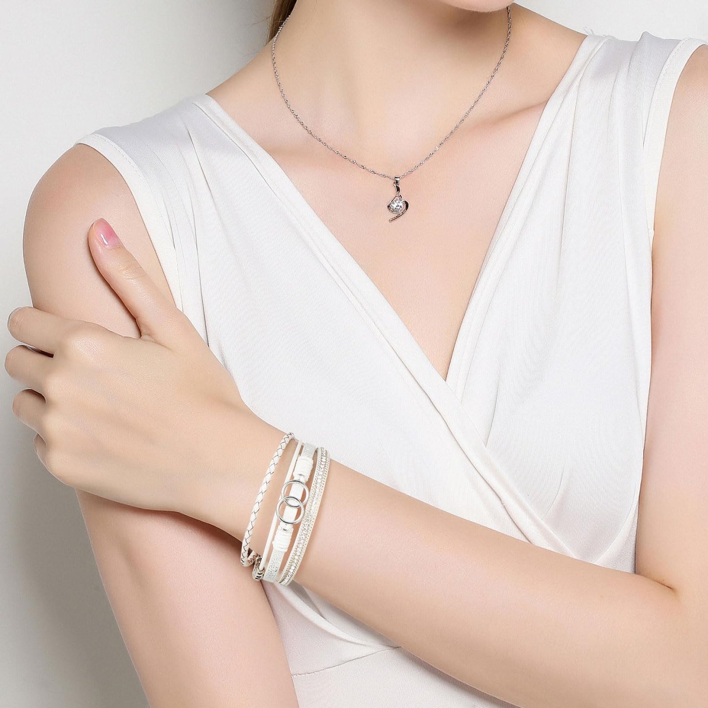 QIUTIMIY Leather Bracelets for Women Trendy Boho Cuff Bracelet Layered Bangle with Clasp Hand Wrist Jewelry Western(Style 8-Silver)