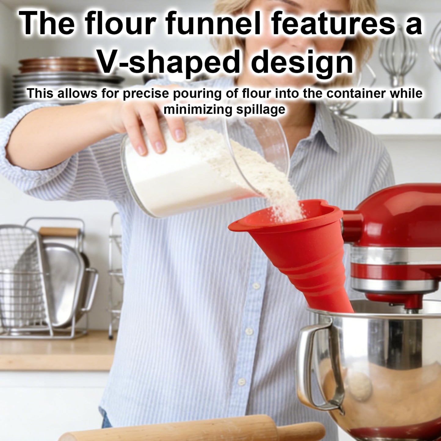 Foldable Flour Funnel, Silicone Pouring Chute Baking Funnel Attachment with Scoop Cleaning Brush Hanging Hooks Kitchen Stand Mixer Accessories for Flour Sugar Liquids, Dishwasher Safe