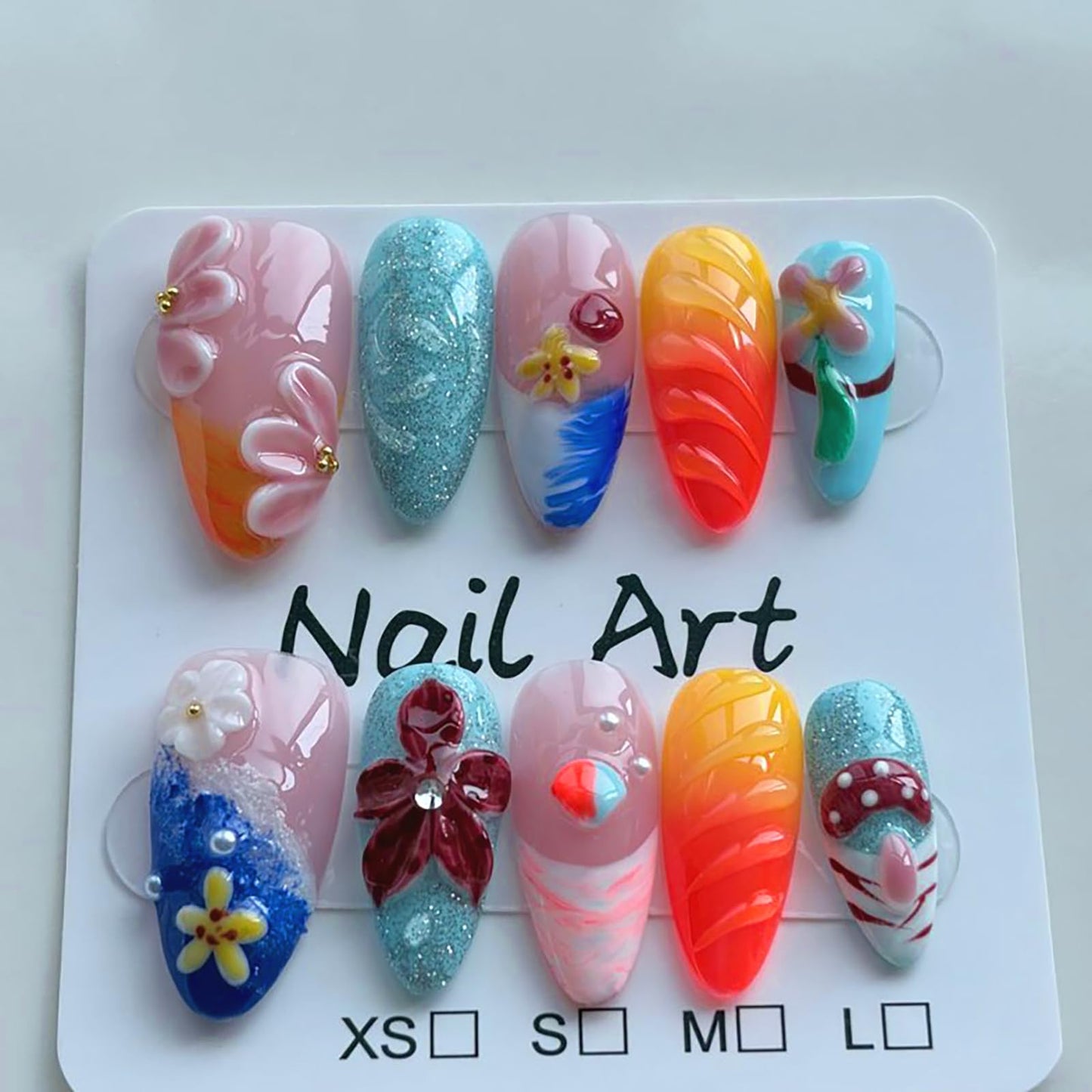Threelegscat Summer 3D Flower Press on Nails Medium, Pink Orgen Almond Shap Handmade Reusable Fake Nails, For Woman Beach Vacation Party Size M 10 Pcs