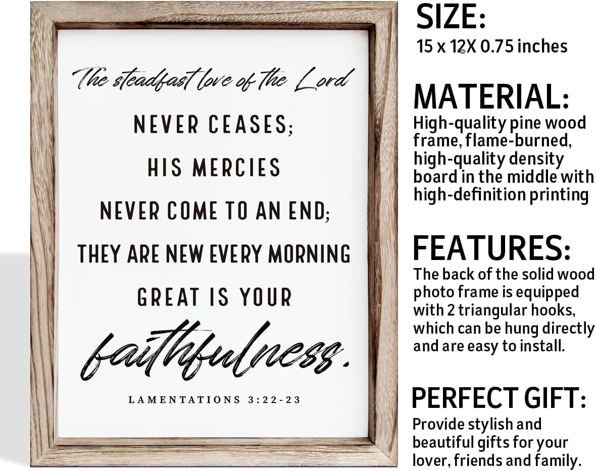 Christian Wooden Wall Signs, Living Room Decor, Home Church Decor for Room, Framed Wall Plaque Sign 15 * 11.5 inches, The Steadfast Love of the Lord Never Ceases Sign