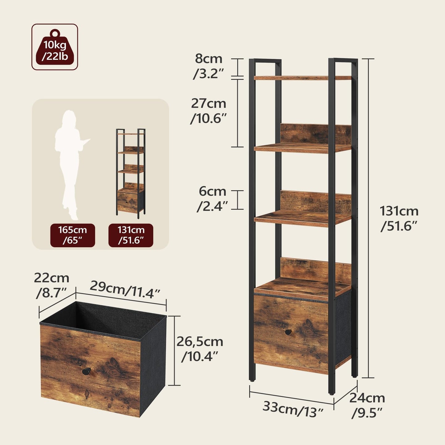MAHANCRIS Bookshelf, 5-Tier Bookcase with Drawer, Small Book Shelf for Small Space, Storage Shelf Organizer, for Living Room, Bedroom, Study, Kitchen, Rustic Brown and Black BKHR55101