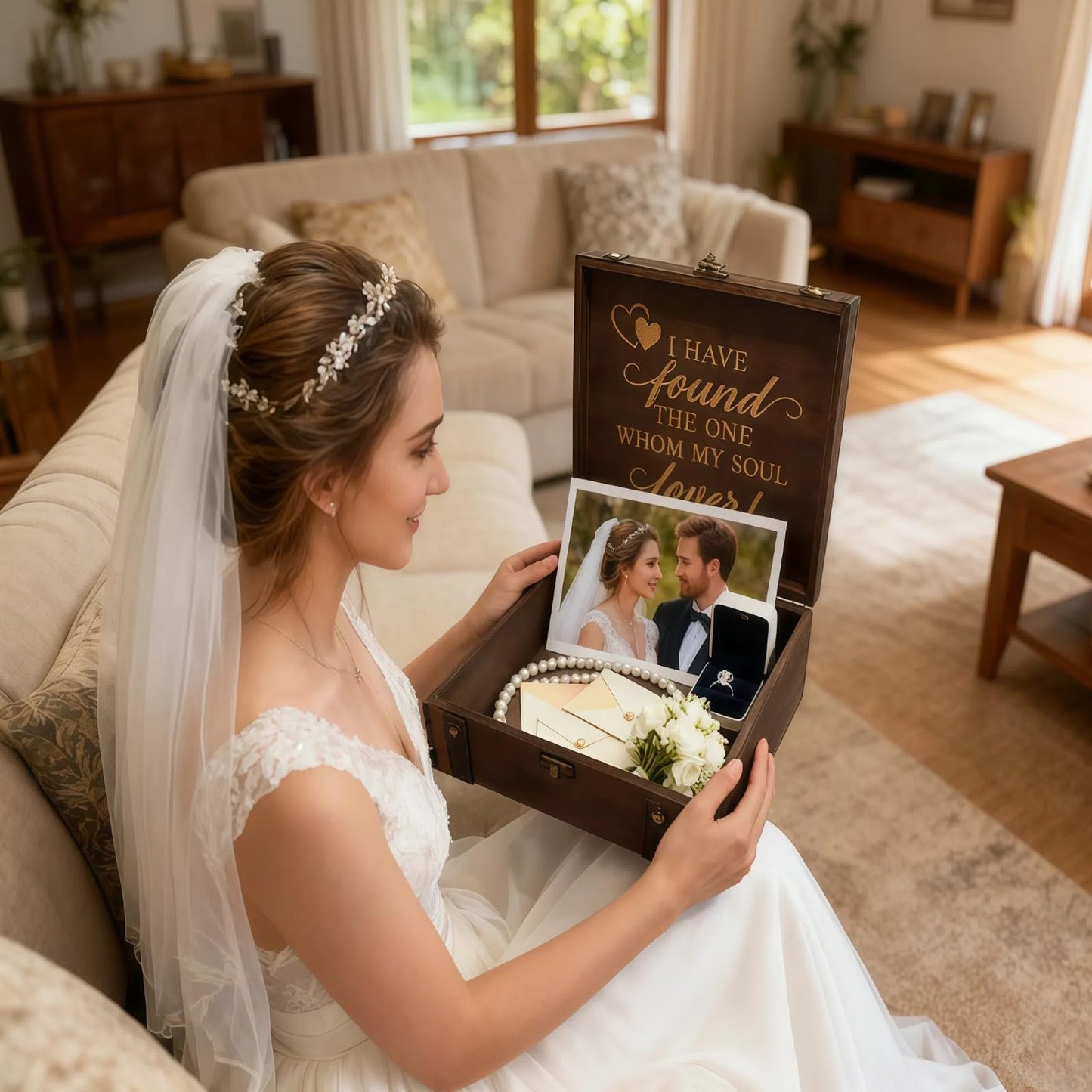 Flasunire Vintage Mr & Mrs Wedding Memory Box with Heart Design - Romantic Engraved I Have Found The One Wooden Keepsake Chest, Bridal Shower Gift for Couples 7.8x7.8x2.9 inch
