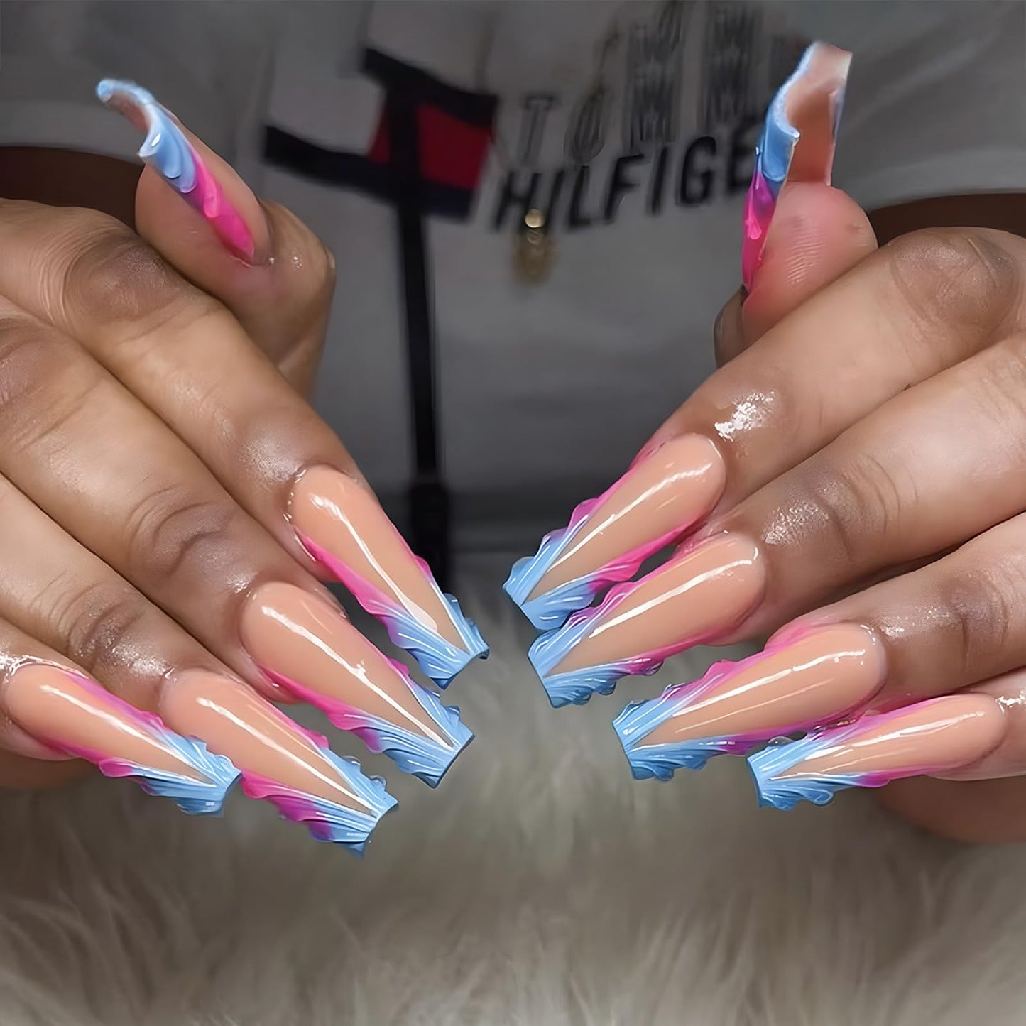 IMSOHOT Press on Nails Long Square Fake Nails Blue Pink French Tips False Nails with 3D Designs Designs Full Cover Acrylic Artificial Glossy Stick on Nails