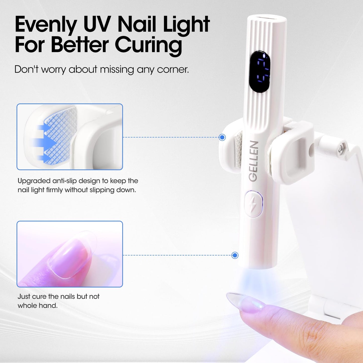 Gellen UV Light for Gel Nails with Stand, Mini Handheld UV Nail Lamp, Flash Cure Nail Lamp Cordless Rechargeable Nail Dryer with LCD Display, 3 Timers 30s/60s/99s, 180° Rotatable Holder (White)