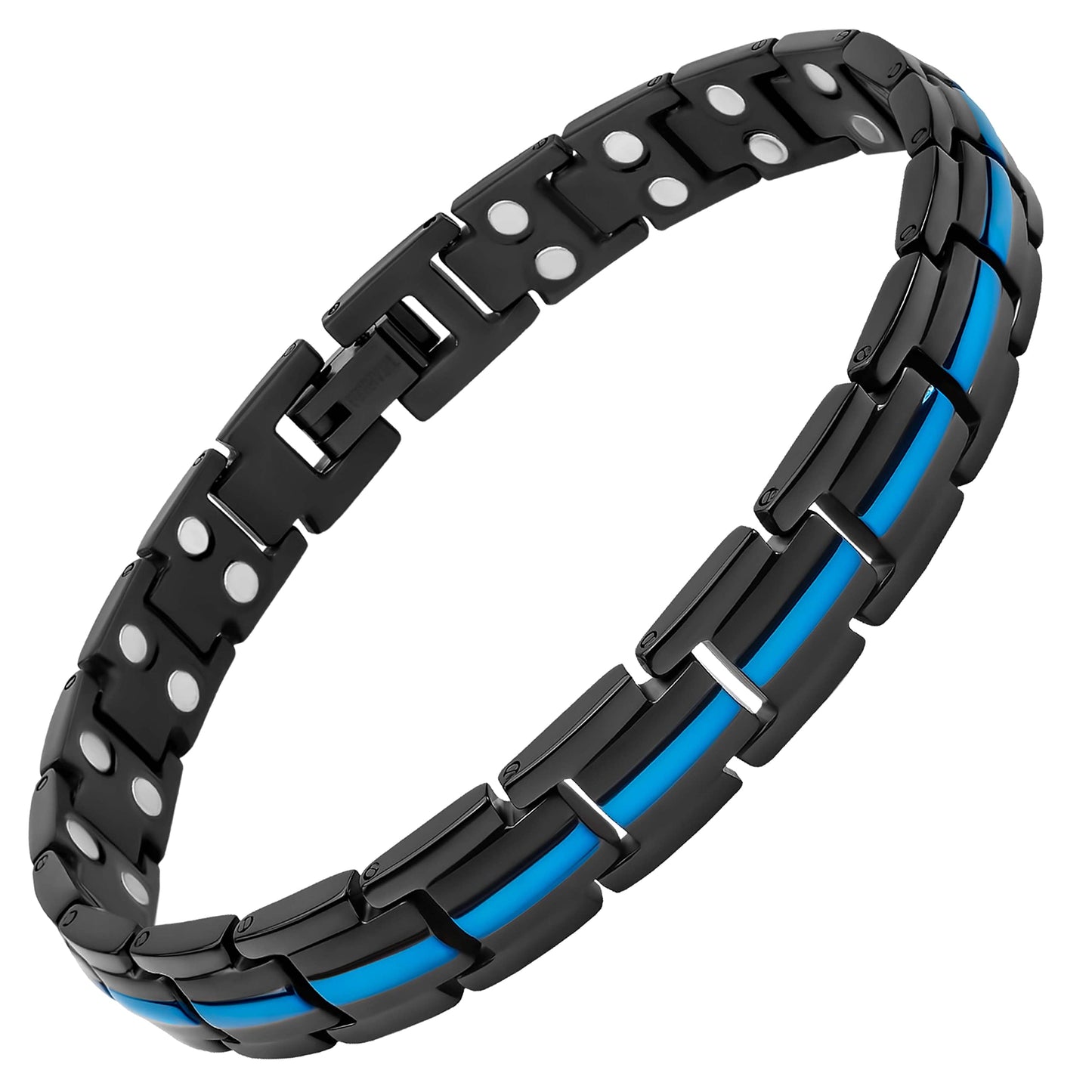 MagnetRX® Thin Blue Line Bracelet for Women - Ultra Strength Magnetic Titanium Bracelets - Adjustable Length & Sizing Tool - Police Support Black and Blue Bracelet (Blue Line)