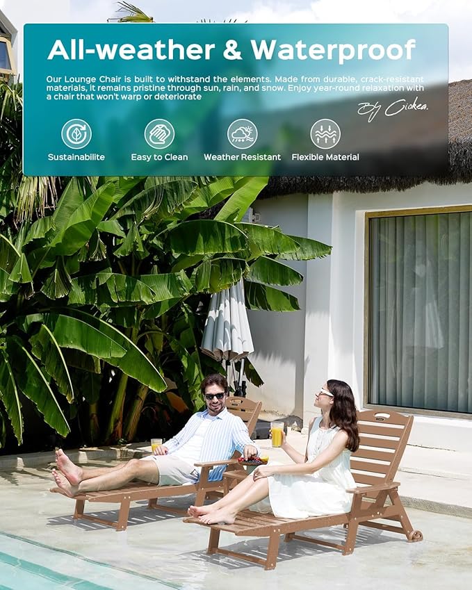 Outdoor Chaise Lounge Chair Set of 2, Patio Lounge Chairs for Outside, HDPE Lounge Chair with Wheels & Cup Holder, Poly Chair with 5 Position for Poolside, Deck, Brown