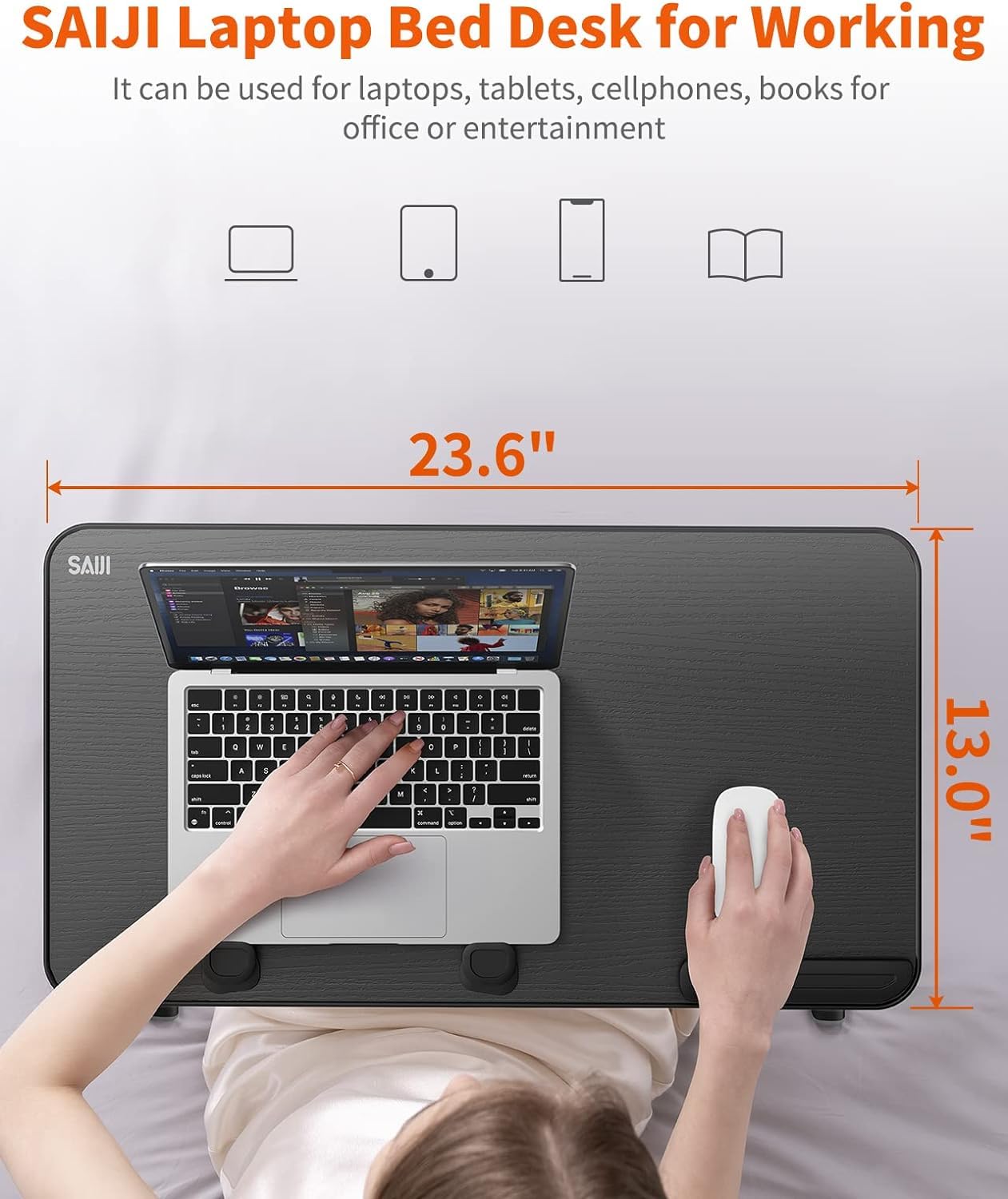 Desk, Table, SAIJI Adjustable Laptop Stand, Breakfast Tray, 5 Heights, 4 Angles, Stable Folding Table for Bed Sofa Desk, Suitable for Laptops up to 17 Inches (60 x 33 cm Black)