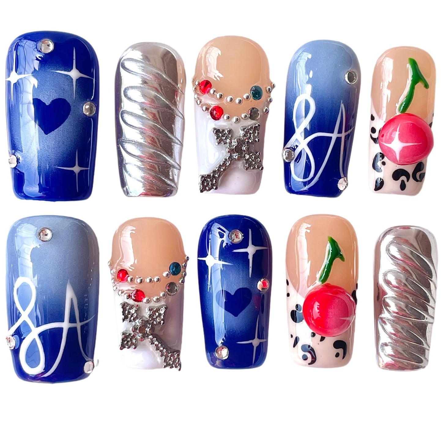 Handmade Press On Nails, Short Square Blue Nude with 3D Cherry, Rhinestone Chrome Acrylic, Reusable Stick On Nails Rebel Symphony (S)