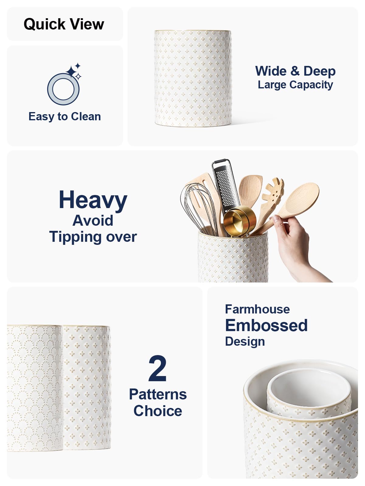 LE TAUCI Utensil Holder for Kitchen Counter - 7.1" Large Ceramic Kitchen Utensil Holder, Embossed Cooking Utensil Crock for Spatula, Spoon - Farmhouse Kitchen Decor & Organizer, White, Clover