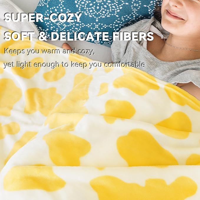 GEULAY Twin Size Fleece Blanket for Bed - Bright Lemon Yellow Cow Print Plush Cozy Throw for Couch, Bedroom, Living Room, Home Decor, Teens