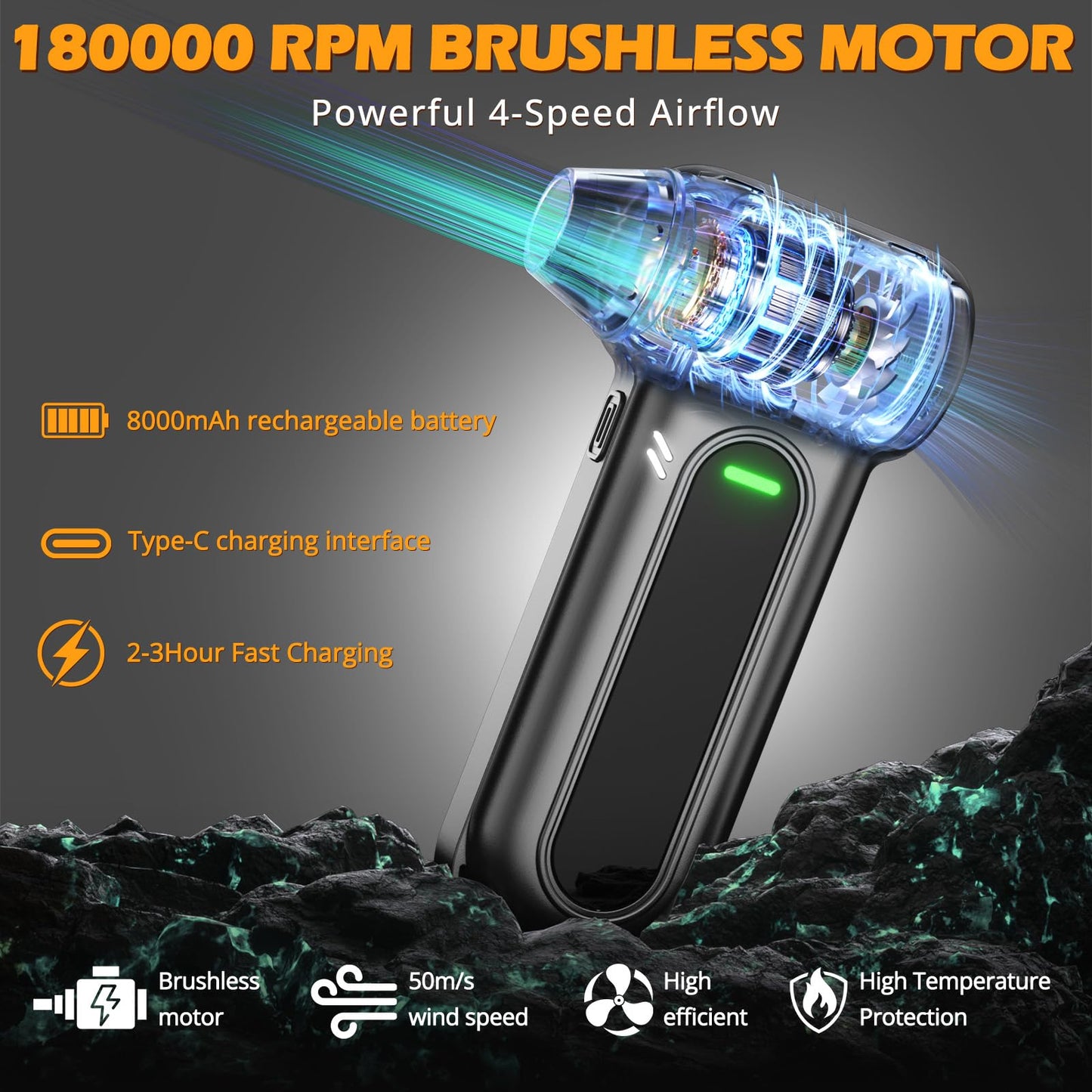 Electric Air Duster Cleaning Tools -180000RPM Super Power Cordless Air Duster, Rechargeable Brushless Motor Durable Blower, 4-Gear Adjustable Dust Blower Fan for Car, PC, Sliver