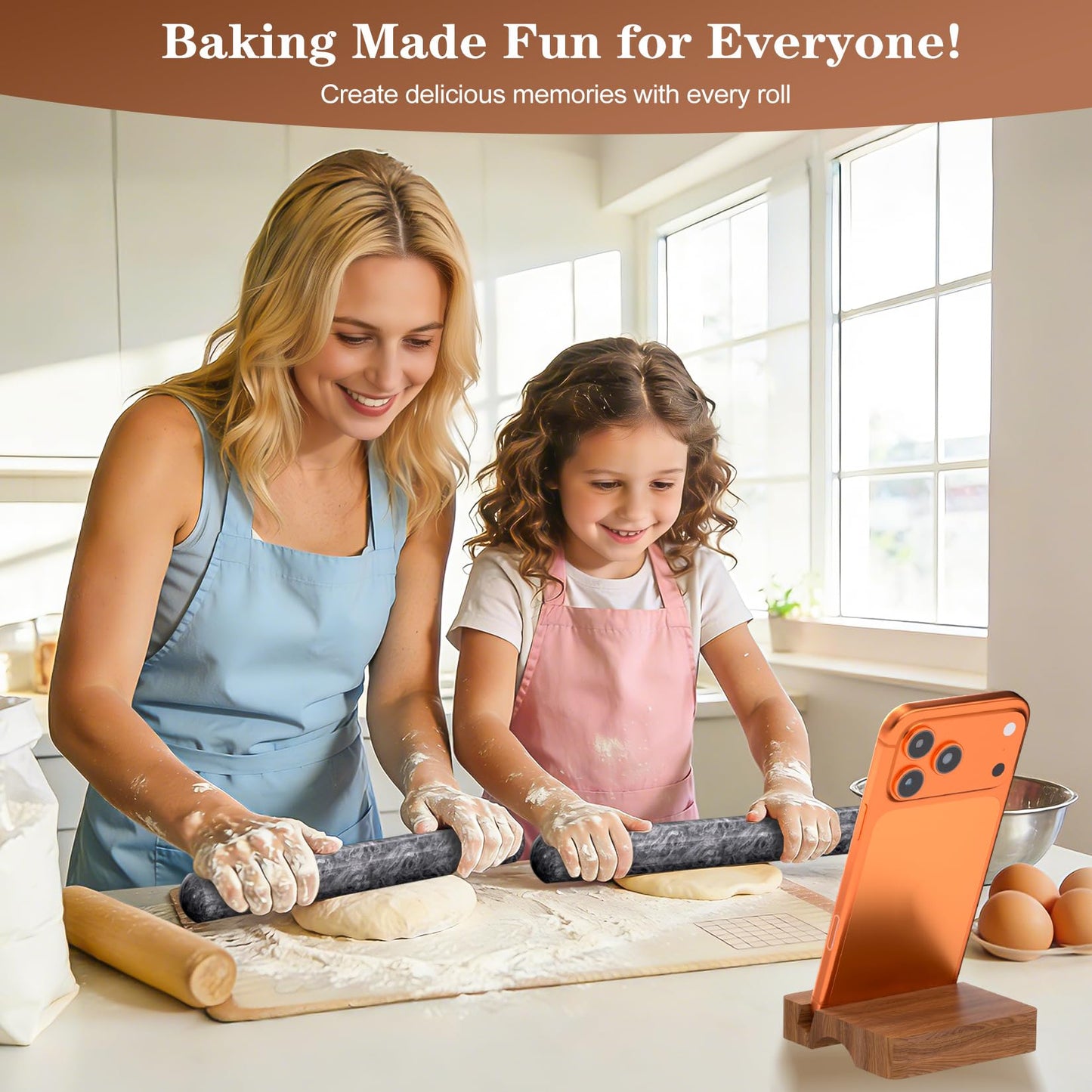 Marble Rolling Pin with Wooden Stand, FiiMan 12 Inch Heavy Rolling Pin for Dough, Stone French Polished Non-Stick Roller Pins For Baking Cookie Pizza Pastry (Black)