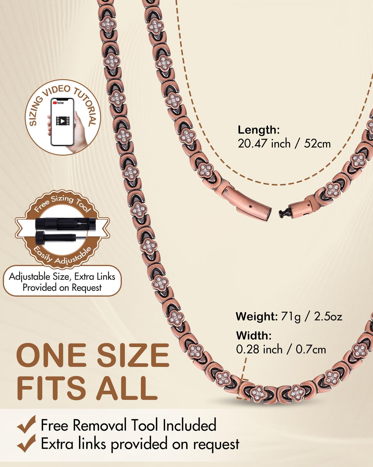 Feraco Copper Necklace for Women, 99.99% Pure Copper Magnetic Chains with 3500 Gauss Ultra Strength Neodymium Magnets & Sparkling Cubic Zirconia, Adjustable CloverJewelry Gift