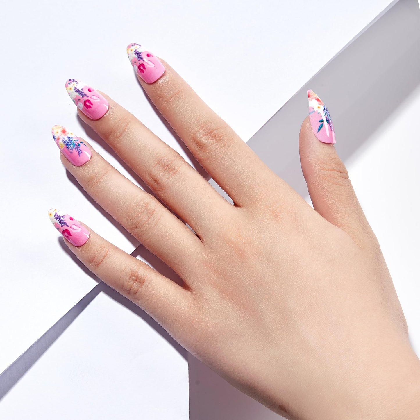 PaintLab Press On Nails - Capri Pink Almond Fake Nails, 24 Nails in 12 Sizes with Glue, Reusable Salon Quality Press On Nails