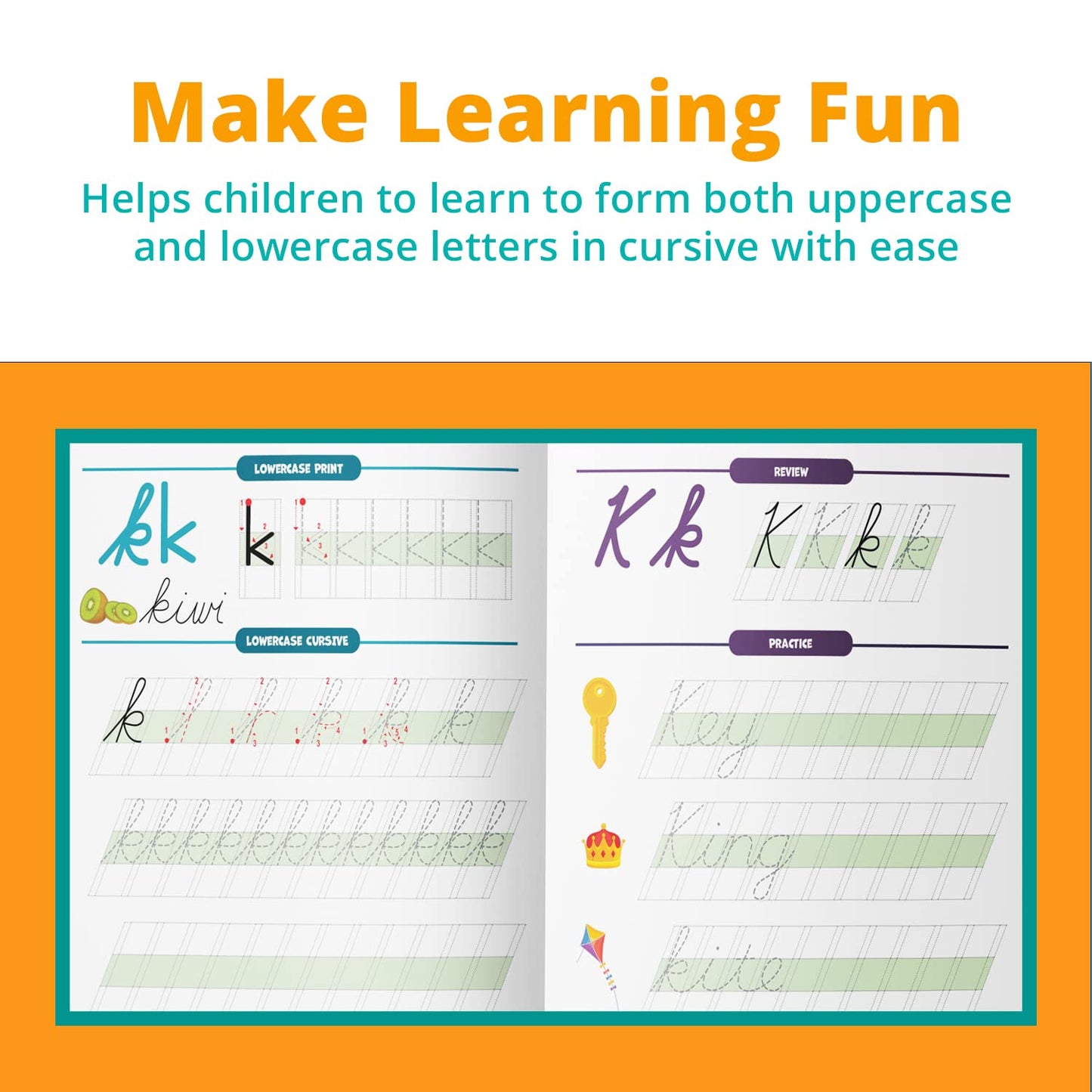 Channie's Print and Cursive Handwriting Workbook, Step-By-Step Uppercase & Lowercase Cursive Tracing Practice for Kids All Ages, Color-Coded, Easy to Follow Worksheets