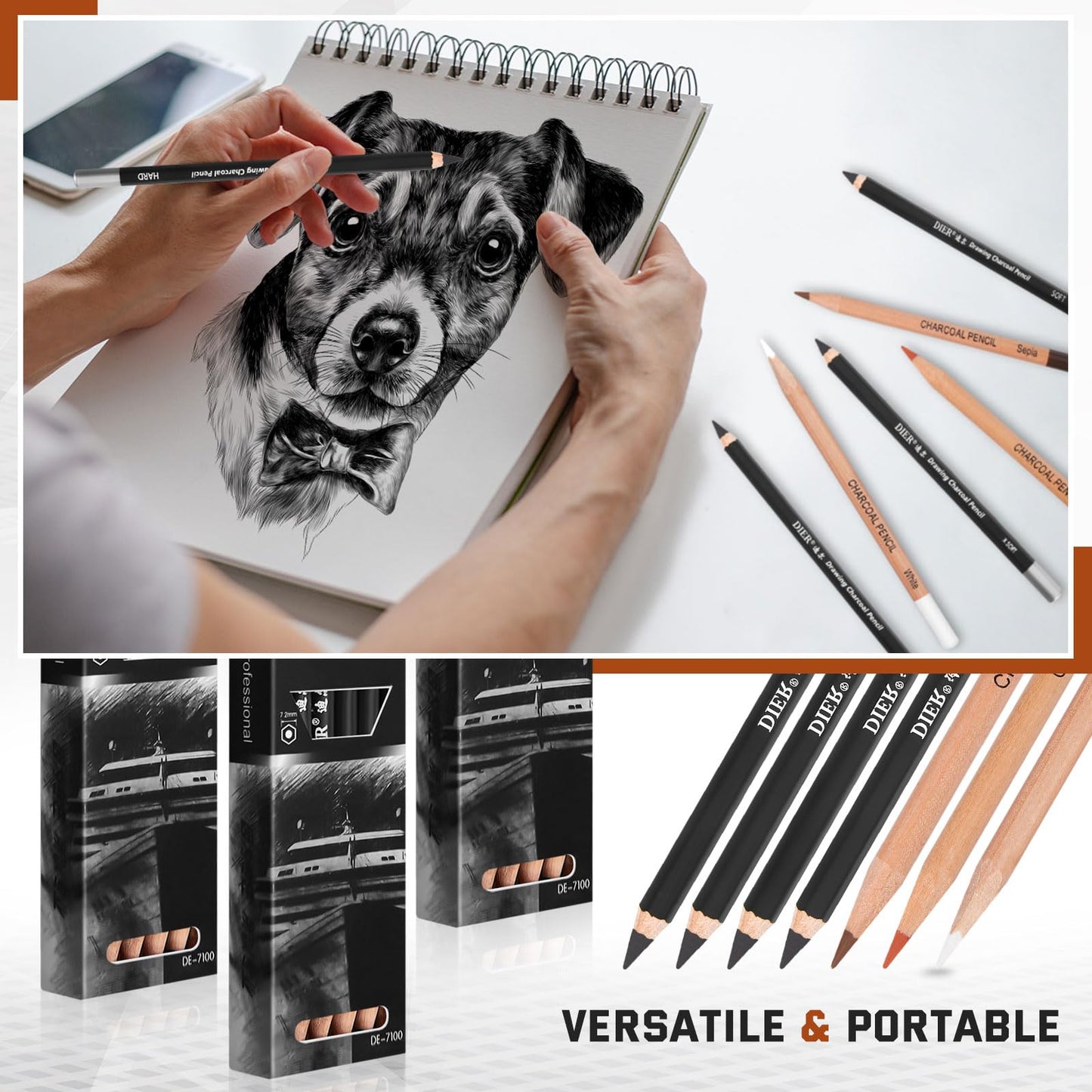 Geyoga 36 Pcs Charcoal Drawing Set Black White Brown Charcoal Pencils for Sketching, Shading, Blending, Portrait, for Beginners & Artists