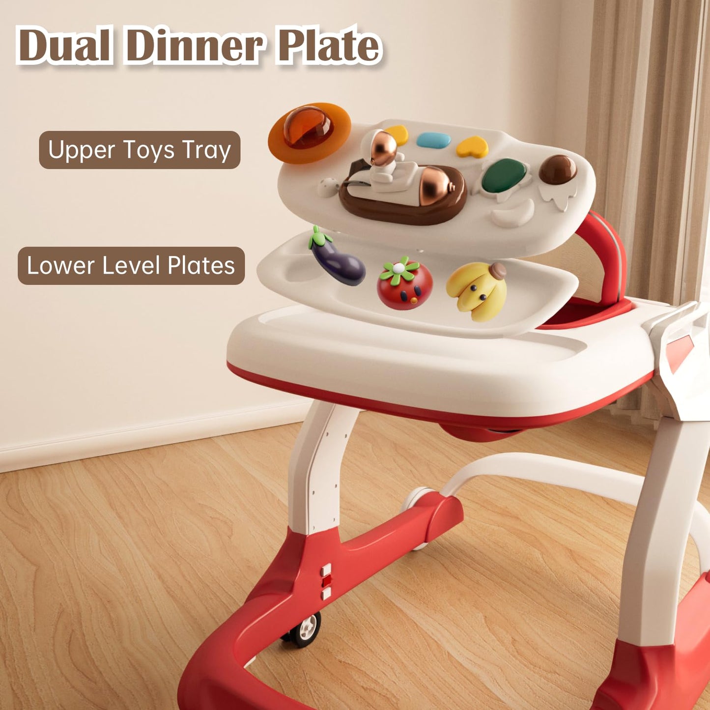 Baby Walker with Wheels Music and Lights with 9 Adjustable Heights Anti-Fall Baby Walker and Bouncer Combo for Boys Girls Babies 6-18 Months (Red and White)