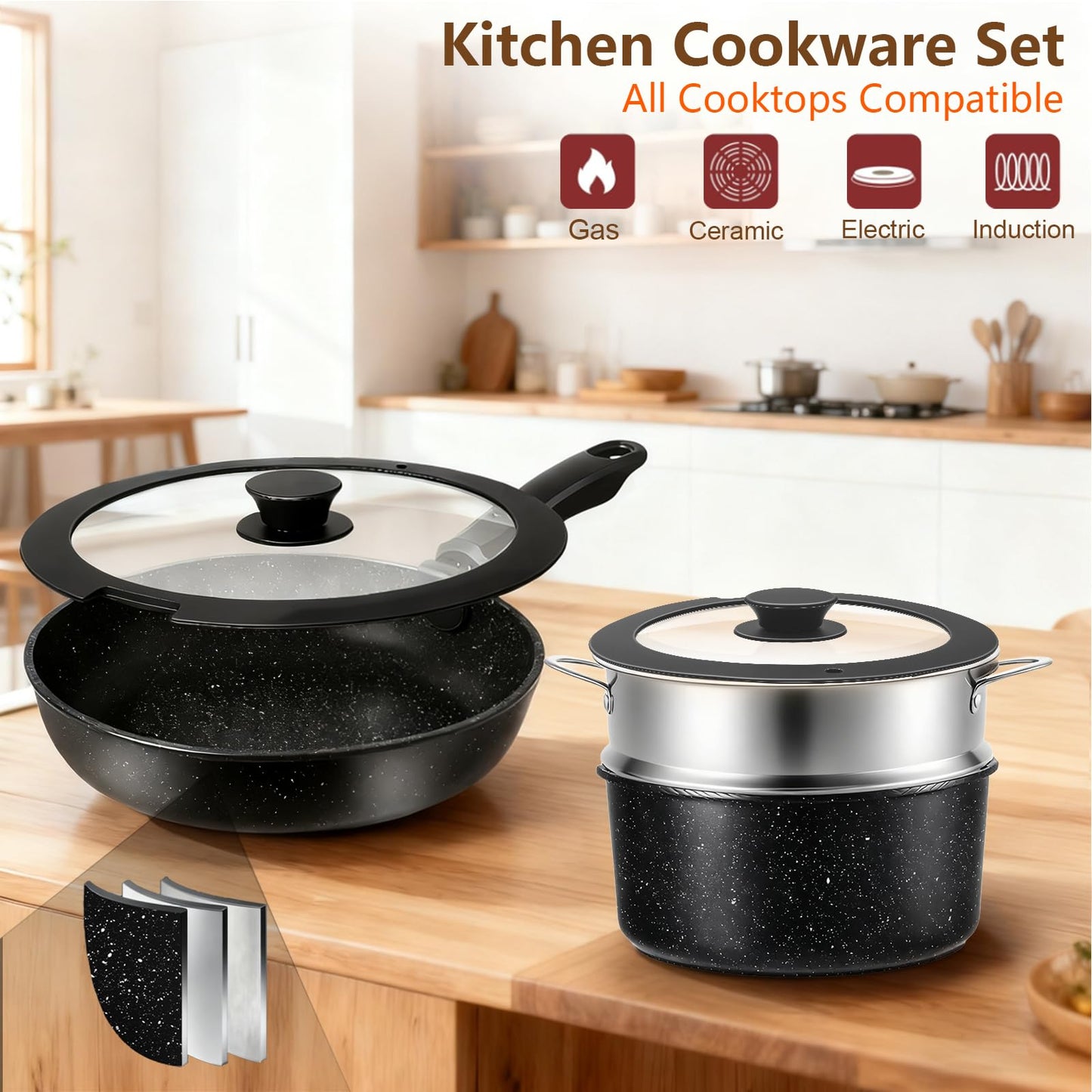 72-Piece Kitchen Cooking Set, Pots and Pans Cookware, Nonstick Cookware Set, Plates and Bowls Dinnerware Knife Set, Kitchen Gadgets & Tools For New Home, Apartment, Mothers Day Gifts