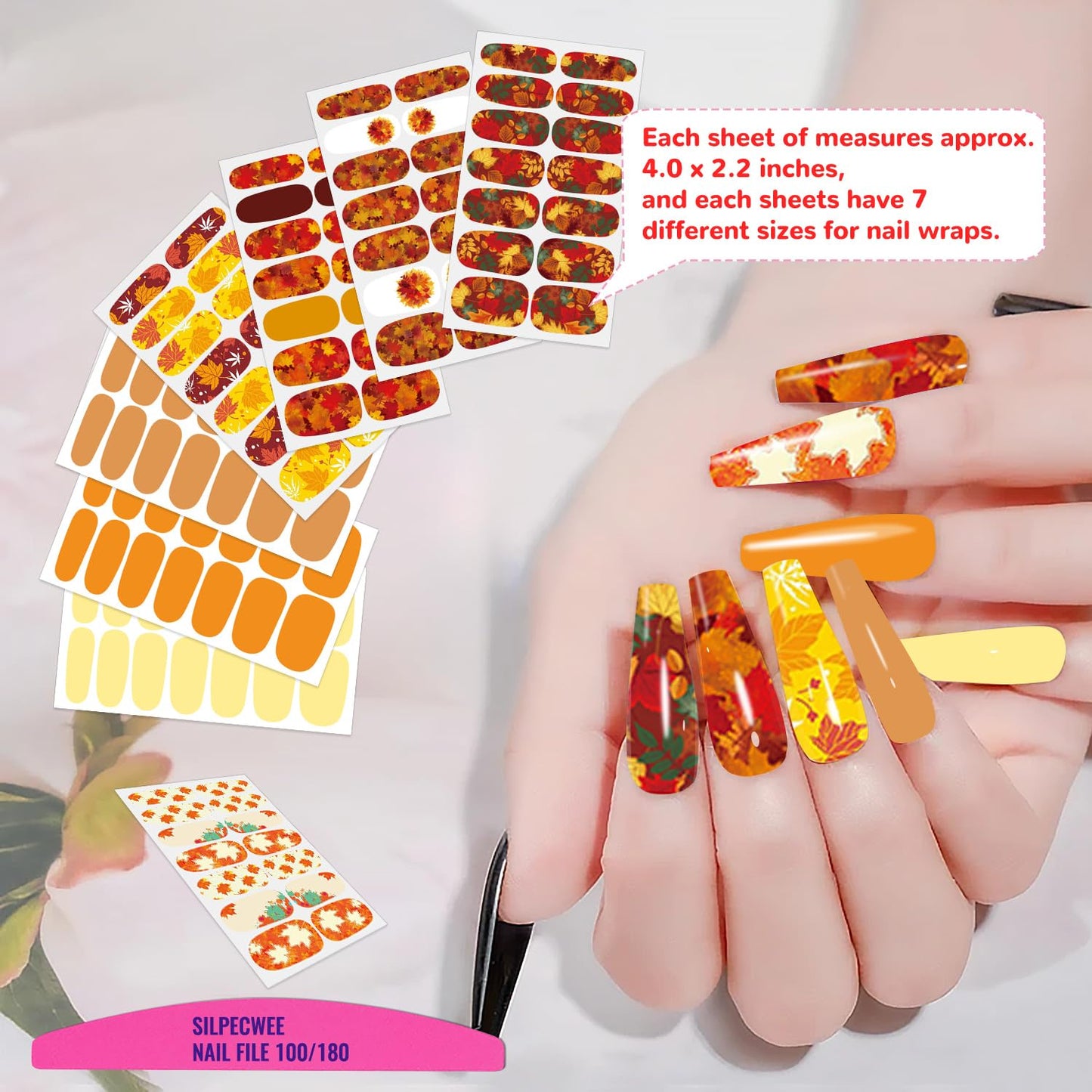 SILPECWEE 20 Sheets Fall Nail Wraps for Women Nail Polish Stickers Maple Leaves Solid Color Stick on Nail Polish Strips Self Adhesive Gel Nail Strips Fingernail Sticker with Nail File