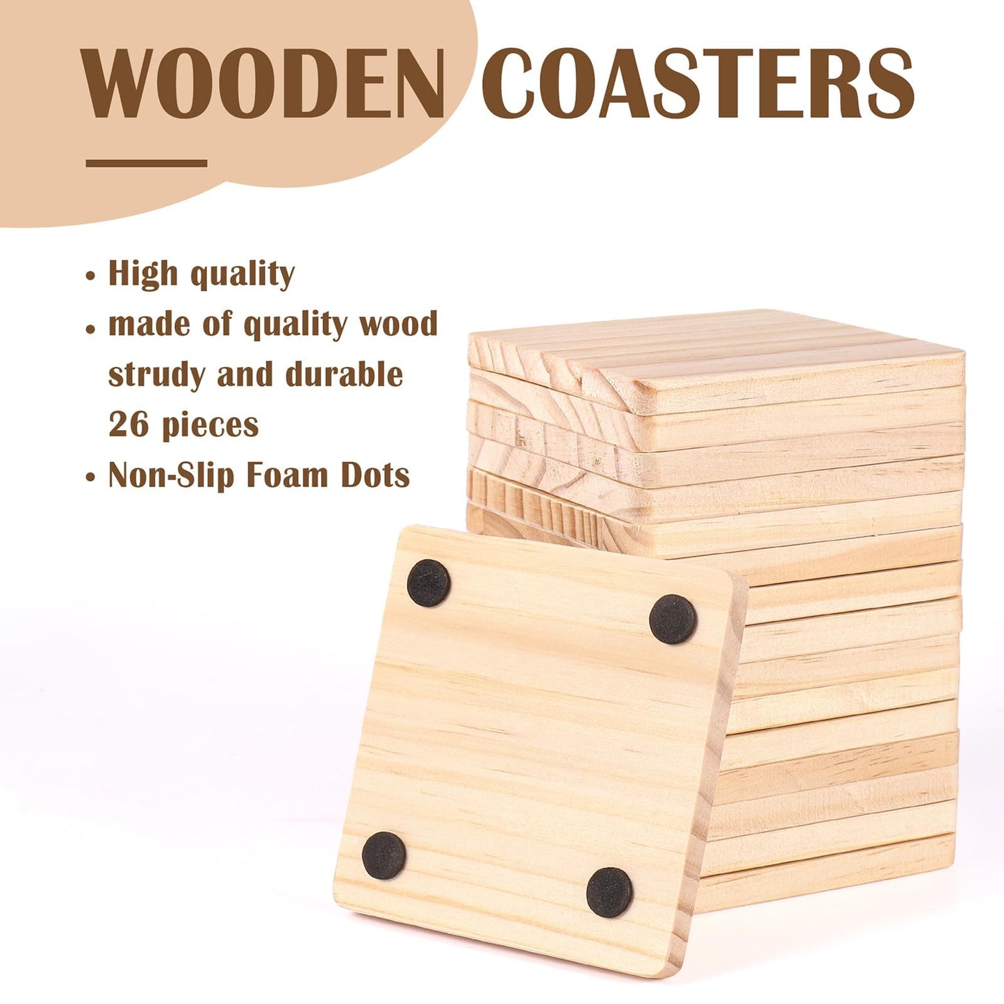 26 Pack Unfinished Wood Coasters, 4 Inch Square Blank Wooden Coasters Crafts Coasters with Non-Slip Silicon Dots for DIY Architectural Models Drawing Painting Wood Engraving
