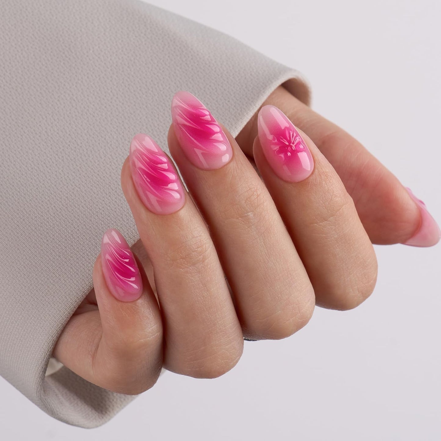 Short Almond Press-On Nails - 32 PCS French Tip Cream Finish Main Nails in 16 Sizes & 10 PCS Alternative Nails - Fake Nail Kit with UV Glue, Easy Tabs, Nail Glue，Remover & Nail Lamp