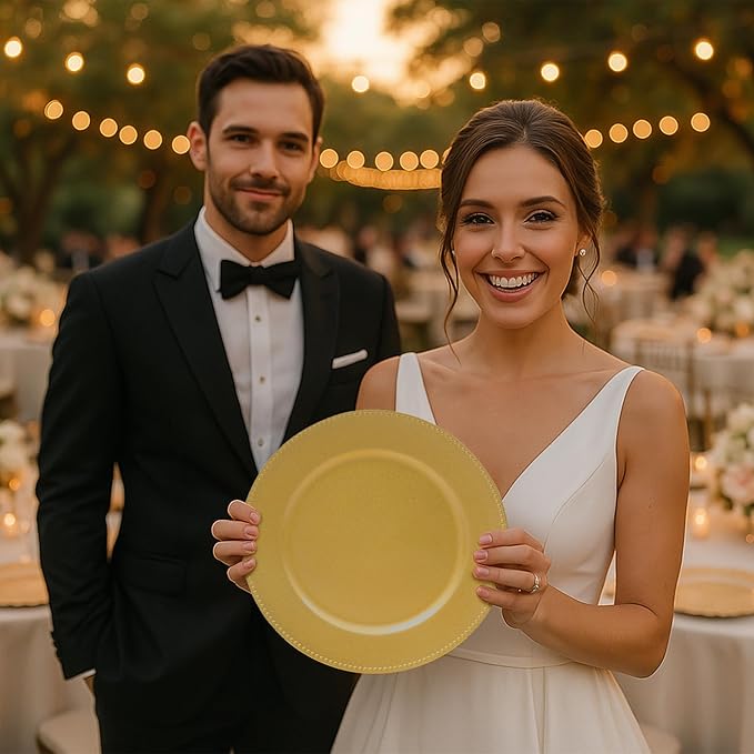 JEVERGN 50 Pack Gold Charger Plates Bulk, 13" Beaded Chargers for Dinner Plates, Gold Plate Chargers Set of 50, Round Plastic Charger for Wedding, Party Event, Dinner, Table Setting