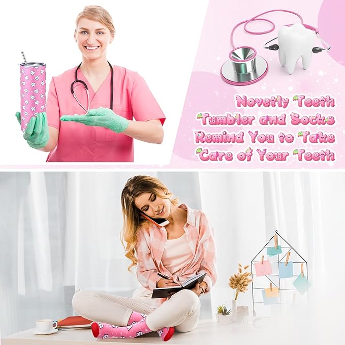 Umigy 2 Pcs Dental Assistant Gifts 2025 Dental Hygienist Appreciation Gifts 20 oz Teeth Print Tumbler with Lid and Sock for Women for Nurse Week Appreciation Dentist Christmas Birthday(Pink)