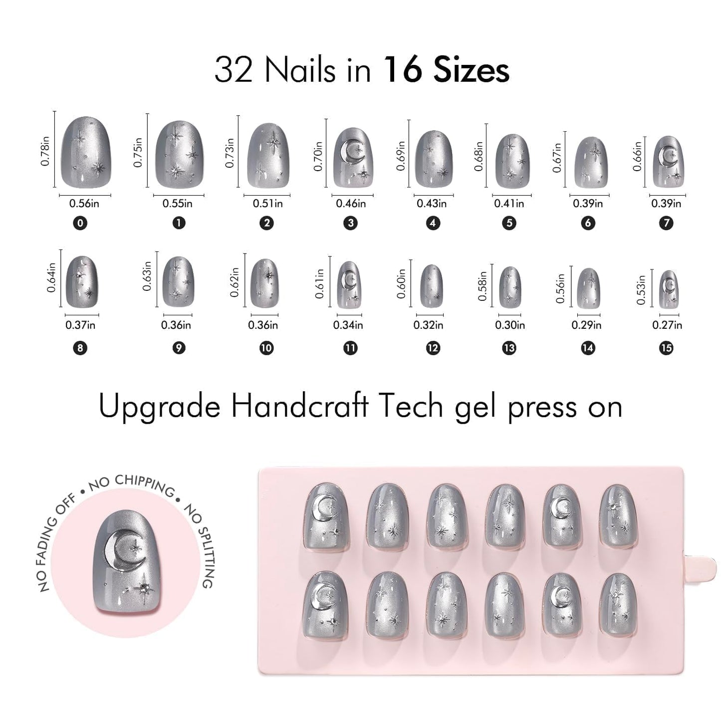 VSALON Oval Short Press on Nails, Silver Gray Star & Moon Summer Celestial Cat Eye Glossy 3D Art Nail Kit & Blue Cat Eye Mini Pack