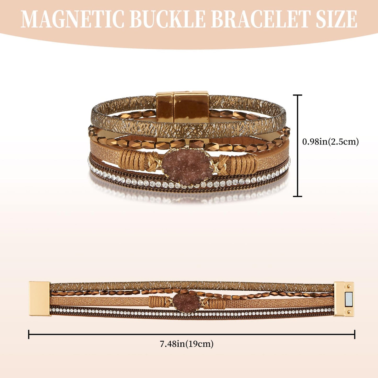 QIUTIMIY Leather Bracelets for Women Trendy Boho Cuff Bracelet Layered Bangle with Clasp Hand Wrist Jewelry Western(Style 7-Brown)