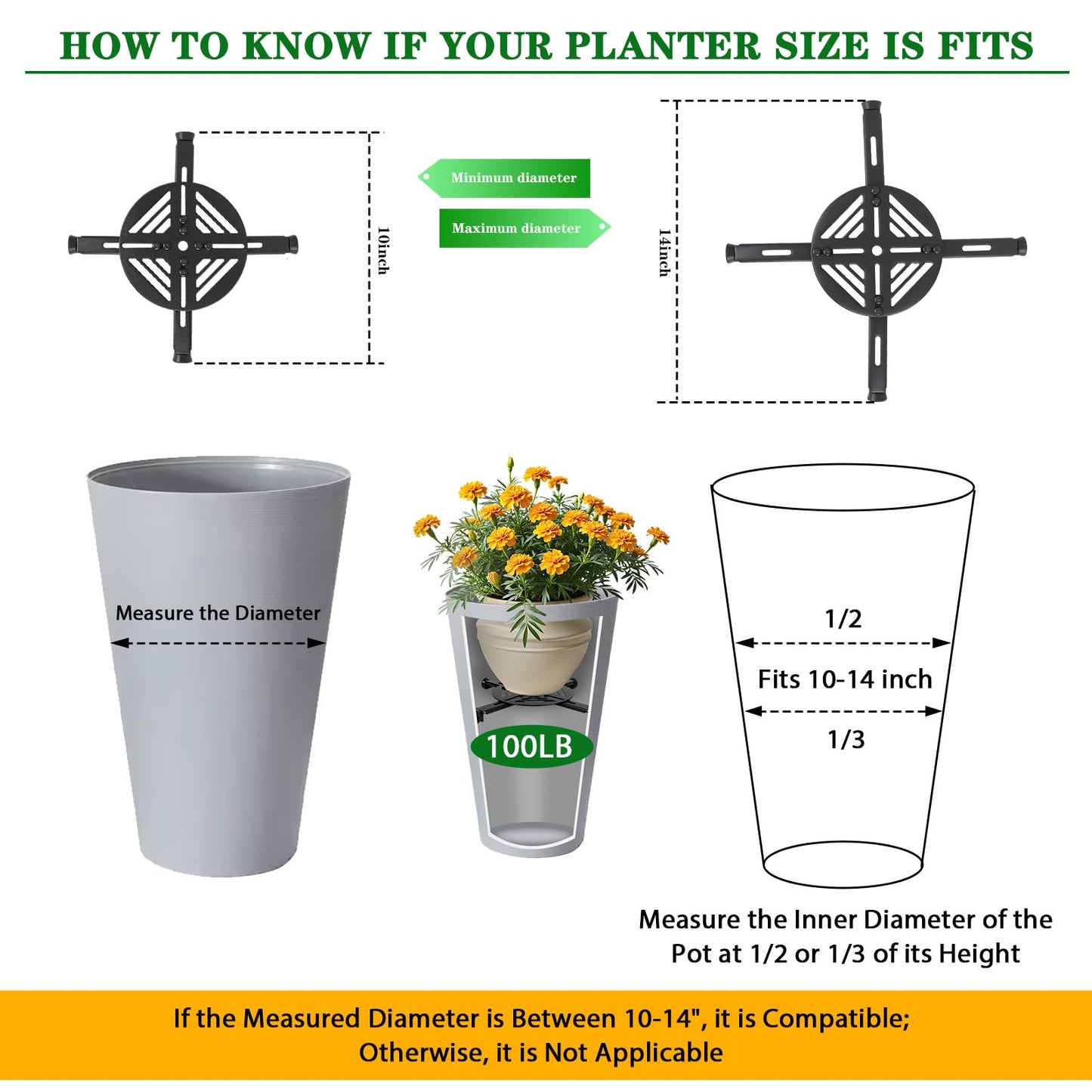 Adjustable Plant Risers for Inside Pots-100lb Heavy Duty Metal Plant Riser with Rubber Feet, Easy Assembly, Fits Round/Square/Tapered Pots, Indoor Outdoor Use (Adjustable Size Range:10-14"- 2Pack)